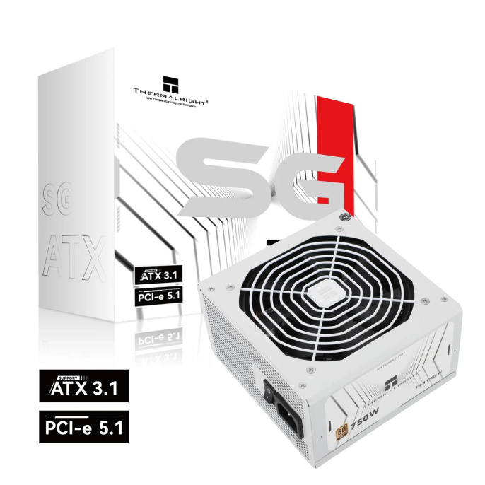 Блок питания 750W/ Power Supply Thermalright, 750W 80+ Gold ATX, 3.1, PCIe 5.1, Non-modular, 1x24 20+4 pin, 1xCPU 8 4+4 pin, 2xPCIe*2 8 6+2 pin, 5xSATA3, 1x12+4pin 12VHPWR PCIe 5.1 12+4pin 600mm , 3xMOLEX4pin, Active, 120x120mm, 150x140x86mm, APFC, whit (
