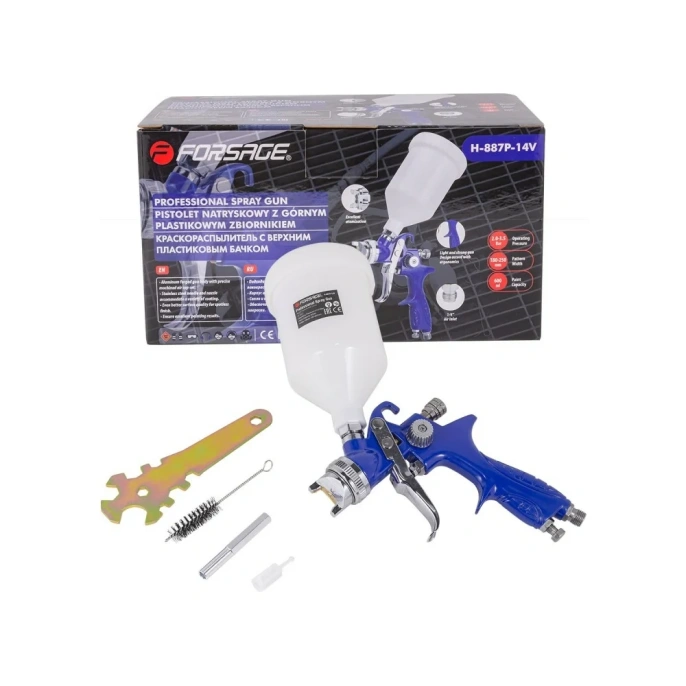 Краскораспылитель с верхним пластиковым бачком Forsage F-H-887P-14V 600мл, 1.4мм, 2.0-3.5 Bar, 120-200л/мин 52248