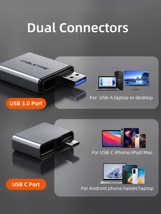Кардридер CABLETIME CB48G (CT-ACCD3-AG) 3-в-1 USB-A + USB-C, SD/microSD, серый