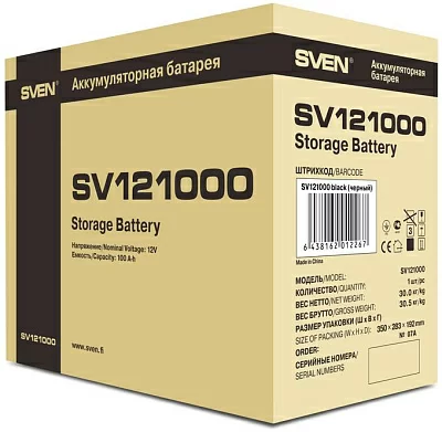 Батарея SVEN SV 121000 (12V 100Ah), напряжение 12В, емкость 100А*ч, макс. ток разряда 1000А, макс. ток заряда 30А, свинцово-кислотная типа AGM, тип клемм B5, Д/Ш/В 307/168/211мм, 30кг