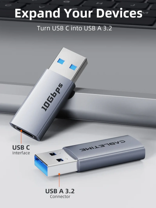 Адаптер CABLETIME CP80G (CT-AMCF10-AG) 10 Гбит/с USB3.2 A Male to USB -C Female OTG алюминий