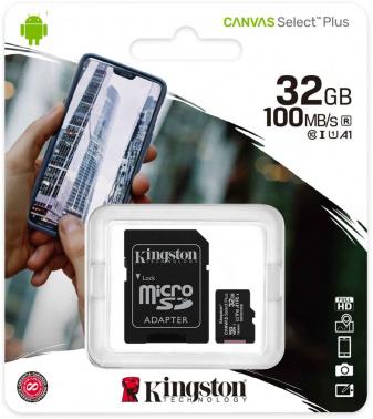Карта памяти microSDHC UHS-I U1 Kingston Canvas Select Plus 32 ГБ, 100 МБ/с, Class 10, SDCS2/32GB, 1 шт., переходник SD