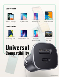 Автомобильное зарядное устройство UGREEN CD130 30780 USB-C PD+USB-A QC 24W Fast Car Charger. Цвет: серый космос (30780_)