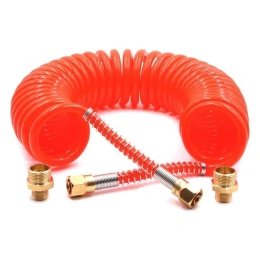 Шланг пневматический полиуретановый спиральный (7 м, 6.5х10 мм, наружная и внутренняя резьба M16x1.5 сталь, 10-16 бар, красный) HQ-mech HQ-AH102-710REDM16-IR