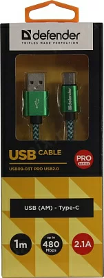Кабель Defender 87816 USB2.0 AM-- USB-C M 1м Green