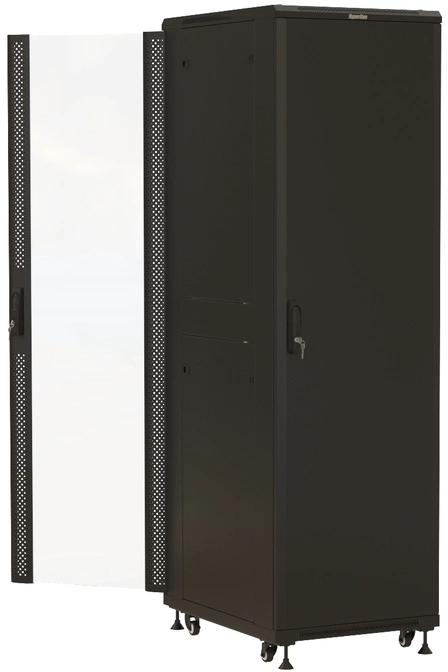 Шкаф серверный Hyperline TTBR-4261-AS-RAL9004 напольный 42U 600x1000мм пер.дв.стекл задн.дв.спл.стал.лист 2 бок.пан. 800кг черный 910мм 128.2кг 2055мм IP20 сталь