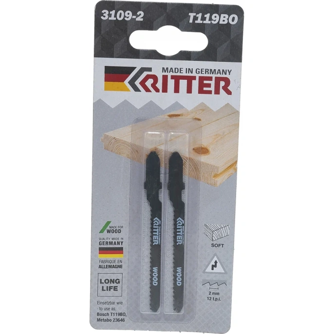 Пилки по дереву Т119BO (2 шт; 75х50 мм; шаг 2 мм; 12 TPi; CrV) для лобзиков RITTER 3109-2