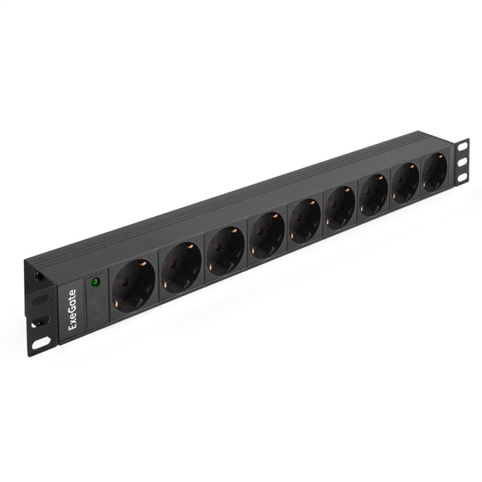 Блок розеток с разъемом подключения C14 ExeGate ServerPro PDU-19H901 Al-9S-C14 (19", 1U, Алюминий, 9*EU/Тип F(Schuko), IEC 320 C14, индикатор питания, черный, RTL) EX280847RUS