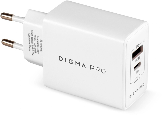 Сетевое зарядное устройство Digma DPW4A,  USB-A,  USB-C, 45Вт, 3A, белый [dpw4a5gx11wh]