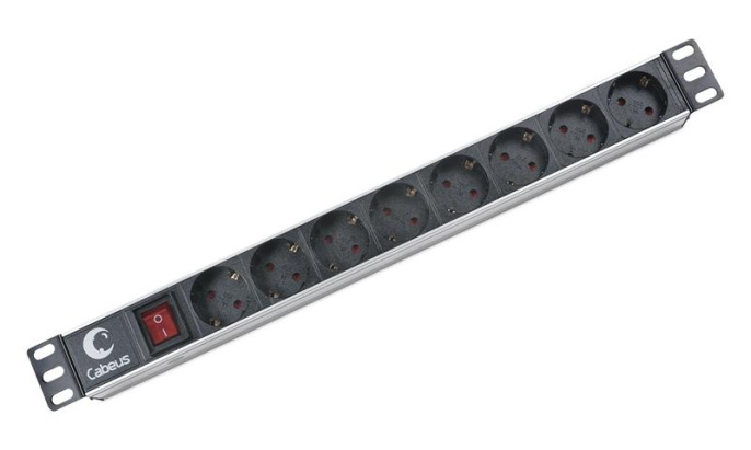 Cabeus PDU-8P Блок распределения питания для 19" шкафов, горизонтальный, 8 розеток, 10 A, выключатель, гнездо под шнур, алюминиевый корпус