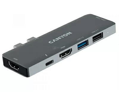 Док-станция Canyon DS-5 CNS-TDS05B (7 в 1) для Macbook (USB 2.0, USB 3.0, Thunderbolt 3, 2xHDMI, SD, micro-SD), Серый
