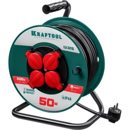 Удлинитель на катушке KRAFTOOL P-315, 50м, 3500Вт, 4 гнезда, IP44, ПВС 3х1.5мм2, 55084-50