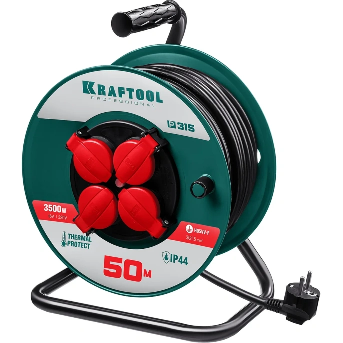 Удлинитель на катушке KRAFTOOL P-315, 50м, 3500Вт, 4 гнезда, IP44, ПВС 3х1.5мм2, 55084-50