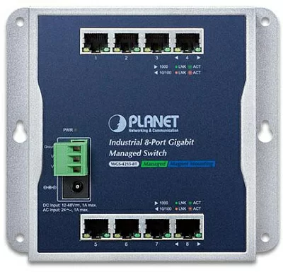 Индустриальный коммутатор PLANET WGS-4215-8T IP30, IPv6/IPv4, 8-Port 1000TP Wall-mount Managed Ethernet Switch (-40 to 75 C), dual redundant power input on 12-48VDC / 24VAC terminal block and power jack, SNMPv3, 802.1Q VLAN, IGMP Snooping, SSL, SSH, ACL
