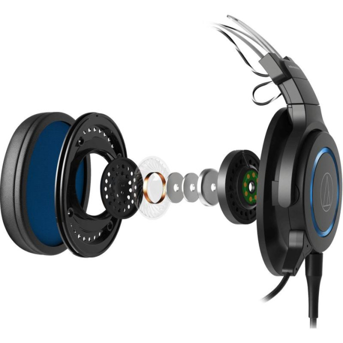 Гарнитура игровая Audio-Technica ATH-G1,  для компьютера и игровых консолей, мониторные,  проводные, черный  / синий [80000808]