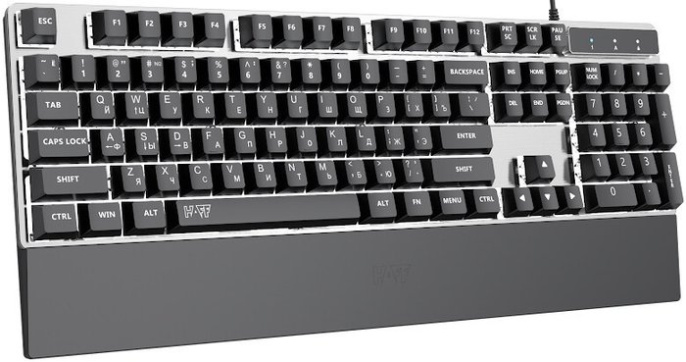 Клавиатура HAFF Gravix (KBD-GK150) (мембранная, проводная: USB, алюминиевая панель, подставка под запястье, RGB- подсветка, 1.6 м плетеный кабель, цвет: серебристый)