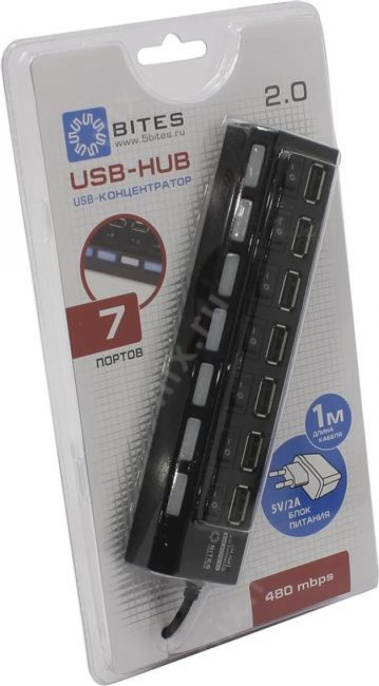5bites HB27-203PBK Концентратор 7*USB2.0 / БП 5В-2А / 1M / BLACK