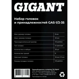 Набор головок и принадлежностей Gigant 1/2 дюйма с комбинированными ключами, 35 предметов GAS-1/2-35
