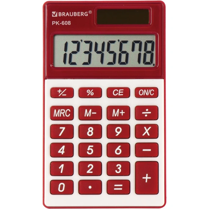 Карманный калькулятор BRAUBERG PK-608-WR 107x64 мм, 8 разрядов, двойное питание, бордовый 250521
