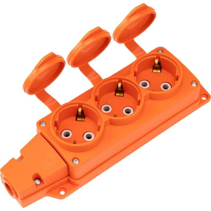 Rexant 111-227 Розетка колодка влагозащищенная с крышкой 3 гнезда COMPACT, с/з, 16А, IP54, каучук, оранжевая