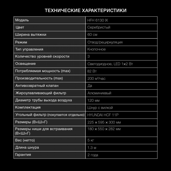 Вытяжка козырьковая Hyundai HFH 6130 IX нержавеющая сталь управление: кнопочное 1 мотор