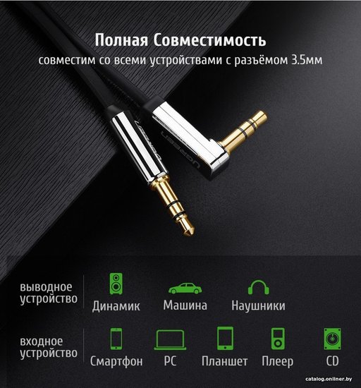 Кабель UGREEN AV119-10596 AUX 3.5mm M to AUX 3.5mm M , улогвой 90°, позолоченные коннекторы, Качество стереозвучания Hi-Fi, силиконовый круглый, 0.5m, Black