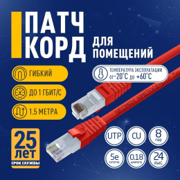 NEOMAX NM13001-015R Шнур коммут. UTP 1.5 м, cat.5е, красный, многожильный