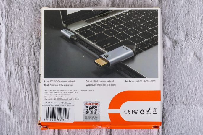 Кабель CABLETIME CC11K (CT-C160-PU31-CMRHD1-S1.8) 1.8 м, USB TYPE C - HDMI 90° 4K/60 Гц