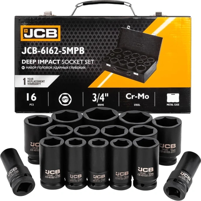 Набор головок ударных глубоких JCB 3/4", 16 предметов, 17,19,21,22,24,27,30,32-36,38,41,46,50 мм, в кейсе JCB-6162-5MPB(61737)