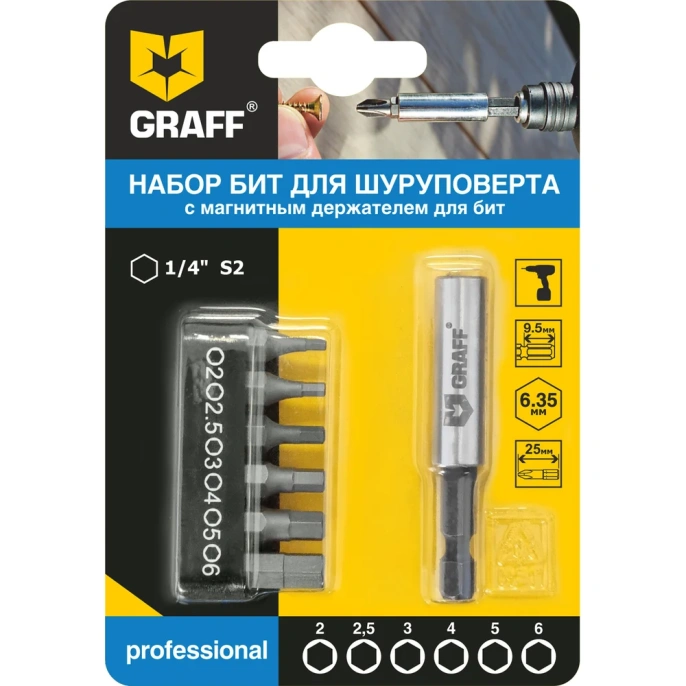 Набор бит с магнитным держателем (6 шт; HEX) GRAFF 4604