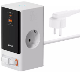 Удлинитель с сетевым зарядным устройством Baseus PSLR000602 PowerCombo Digital PowerStrip 2AC+1U+1C+Retractable-C 65W Smart Version with 1.5m power cord EU Glacier White (CCGAN65-SS2ACE)
