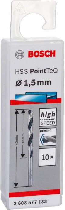 Сверло Bosch HSS PointTeQ 10шт (2.608.577.183) (обрабатываемый материал: металл, вид хвостовика: цилиндрический, форма наконечника: спиральная, диаметр рабочий: 1.5мм, диаметр хвостовика: 1.5мм, длина общая: 40мм, длина режущей части: 18мм)