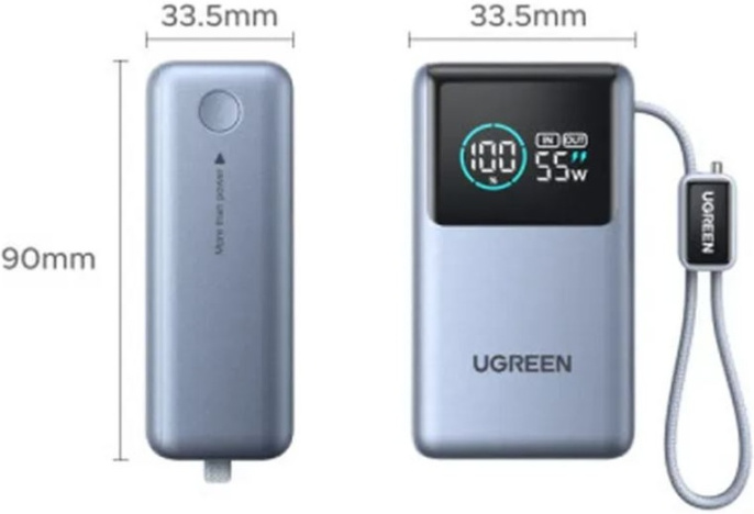 Внешний аккумулятор UGREEN PB727 75701B Fast Charging 10000mAh USB-C&USB-A 55W о встроенным кабелем USB-C Power Bank. Цвет: серый космос