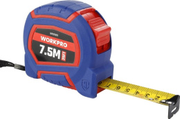 Рулетка WorkPro WP261010 7.5м материал ленты сталь, автостоп:нет, закаленная долговечная пружина, двухкомпонентный обрезиненный корпус, большая легкая для чтения метрическая и дюймовая шкалы, клипса для крепления на ремень