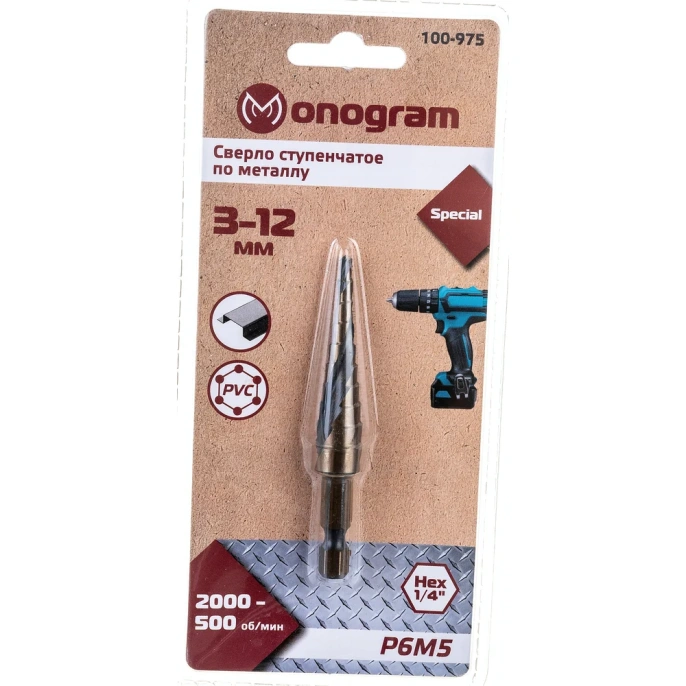Сверло ступенчатое спиральное по металлу Special (3-12 мм; 10 ступеней; Р6М5) Monogram 100-975