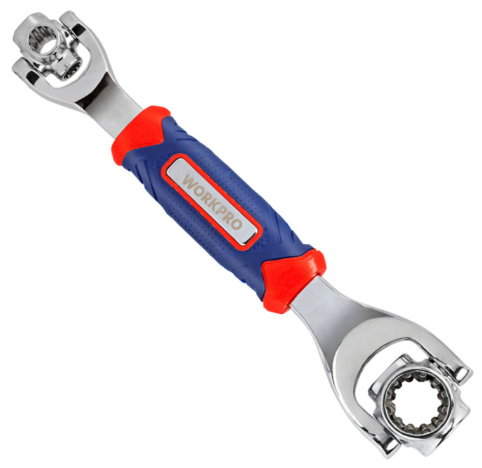 Ключ торцевой WorkPro WP272018 кованая сталь, два поворотных блока на 360°, технические характеристики головки: 8,10,11,13,14,16,17,19 мм,5/16",3/8",7/16",1/2",9/ 16",5/8",11/16",3/4, нескользящая двухкомпонентная рукоятка, подходит для 12-гранных, шести