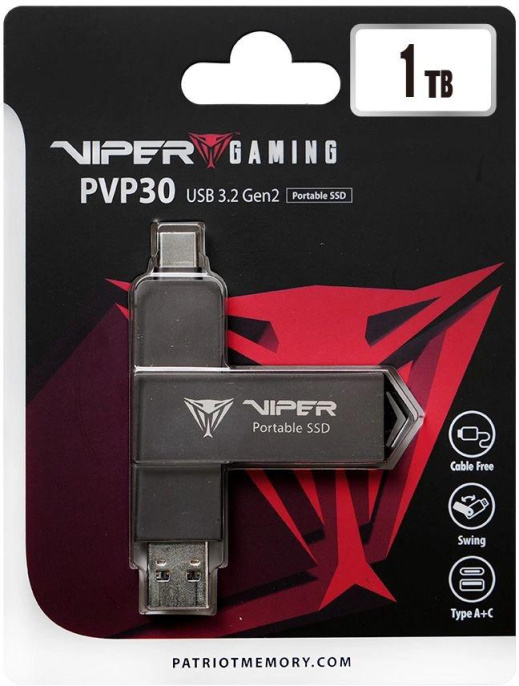 1ТБ Внешний диск SSD Patriot Viper PVP30, USB 3.2 Gen 2, запись - 1000МБ/с, чтение - 1000МБ/с, черный [pvp301tb28udg]