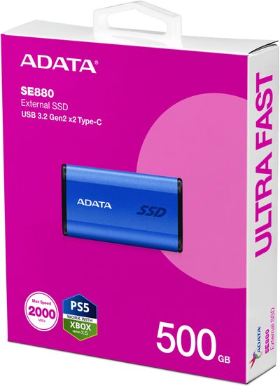 Внешний накопитель SSD USB3.2 ADATA 500GB Elite SE880 AELI-SE880-500GCBU, USB 3.2 Gen2 Type-C, up to R/W 2000/2000 MB/s, 64.8x35x12.5mm, Blue