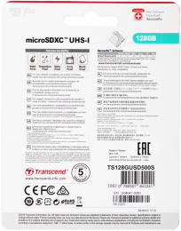 Карта памяти microSDXC UHS-I U3 Transcend 500S 128 ГБ, 95 МБ/с, Class 10, TS128GUSD500S, 1 шт., без адаптера