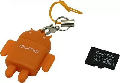 Карта памяти Qumo Fundroid QM16GCR-MSD10-FD-ORG MicroSDHC Memory Card 16Gb Class10 + USB microSD Reader