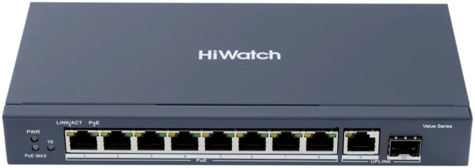 Коммутатор HiWatch DS-S1008GP L2 8x100Мбит/с 2x1Гбит/с 1SFP 8PoE 58W неуправляемый