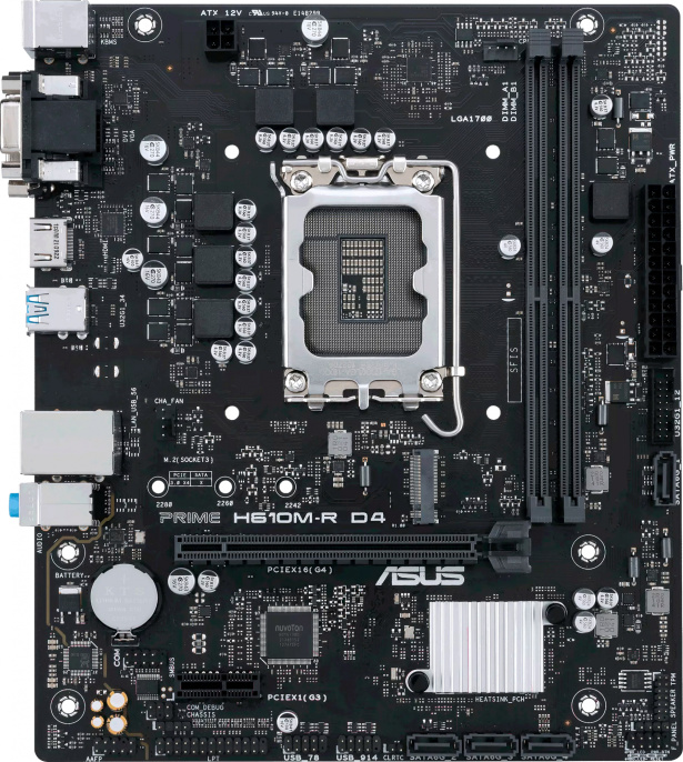 Материнская плата ASUS PRIME H610M-R D4-SI mATX, Intel H610, 2xDDR4 DIMM, 3200МГц, до 64 Гб, звук 7.1, 4xSATA3.0 6Gb/s , 1xM.2, 1xPCIex16, 1xPCIex1