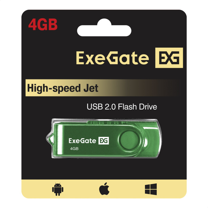 USB-флеш накопитель ExeGate Jet 4GB зеленый USB2.0, 480Mbps, пластик/металл EX302031RUS