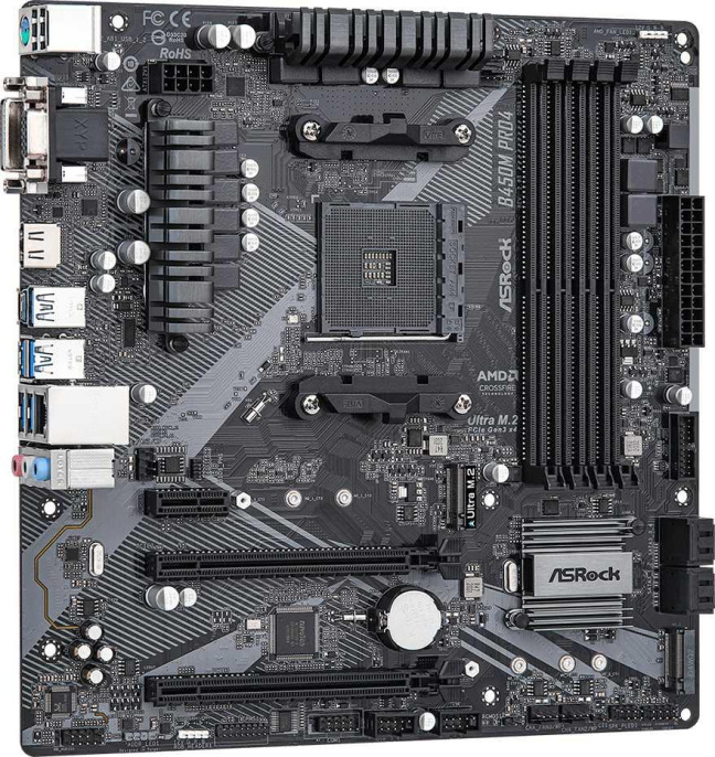 Материнская плата Asrock B450M PRO4 R2.0 Soc-AM4 AMD B450 4xDDR4 mATX AC`97 8ch 7.1 GbLAN RAID+VGA+DVI+HDMI