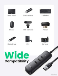Хаб UGREEN CM416-80657 USB-A 3.0 to 4 USB-A 3.0, с проводом 1m; Поддержка жесткого диска 12 ТБ; С портом питания Type-C; Светодиодные индикаторы; Скорость до