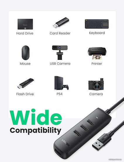 Хаб UGREEN CM416-80657 USB-A 3.0 to 4 USB-A 3.0, с проводом 1m; Поддержка жесткого диска 12 ТБ; С портом питания Type-C; Светодиодные индикаторы; Скорость до