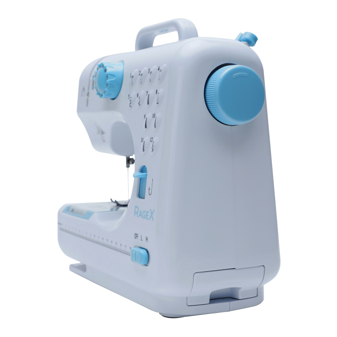 Швейная мини-машинка RAGEX R1102-100, 12 типов стежков, 2 скорости + педаль, белая с голубым