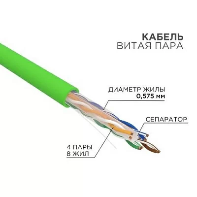 Rexant (01-0071) Кабель U/UTP, CAT 6, нг(А)-LSLTx 4х2х0,575 мм, 23AWG, внутренний, зеленый Rexant