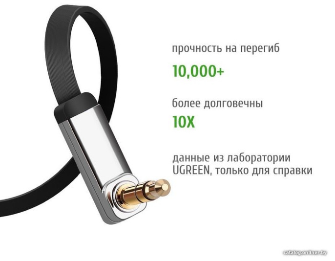 Кабель UGREEN AV119-10596 AUX 3.5mm M to AUX 3.5mm M , улогвой 90°, позолоченные коннекторы, Качество стереозвучания Hi-Fi, силиконовый круглый, 0.5m, Black
