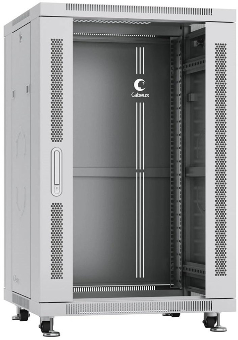 Cabeus SH-05C-18U60/60 Шкаф монтажный телекоммуникационный 19" напольный для распределительного и серверного оборудования 18U 600x600x988mm (ШхГхВ) передняя стеклянная и задняя сплошная металлическая двери, ручка с замком, цвет серый (RAL 7035)